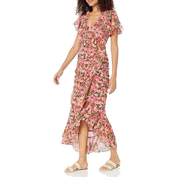 ASTR The Label Dress Size M Vilma Floral Ruffle Ruched Midi Red Pink Floral Boho - Picture 5 of 14